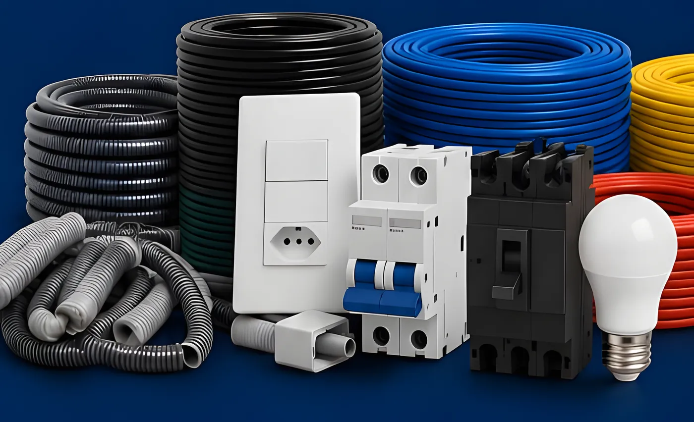 Rolos de fios e cabos, eletrodutos, tomada, disjuntores e lâmpada LED