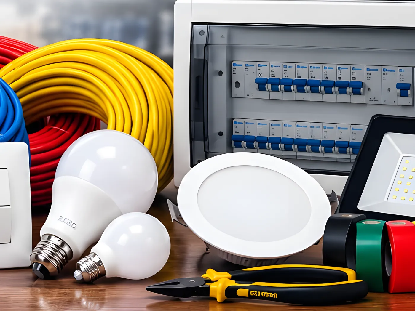 Fios e cabos, quadro de disjuntores, lâmpadas LED, luminária, refletor, fitas isolantes e alicate